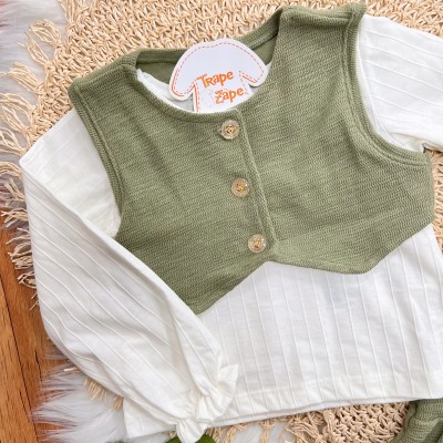 Conj. Colete com Botões, Blusa Manga Longa e Short Saia com Laço - Verde Oliva 